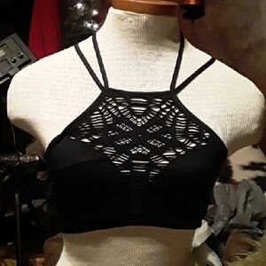 NWOT Victoria's Secret XS Black Sexy Strappy Unpadded Wirefree Halter Bra